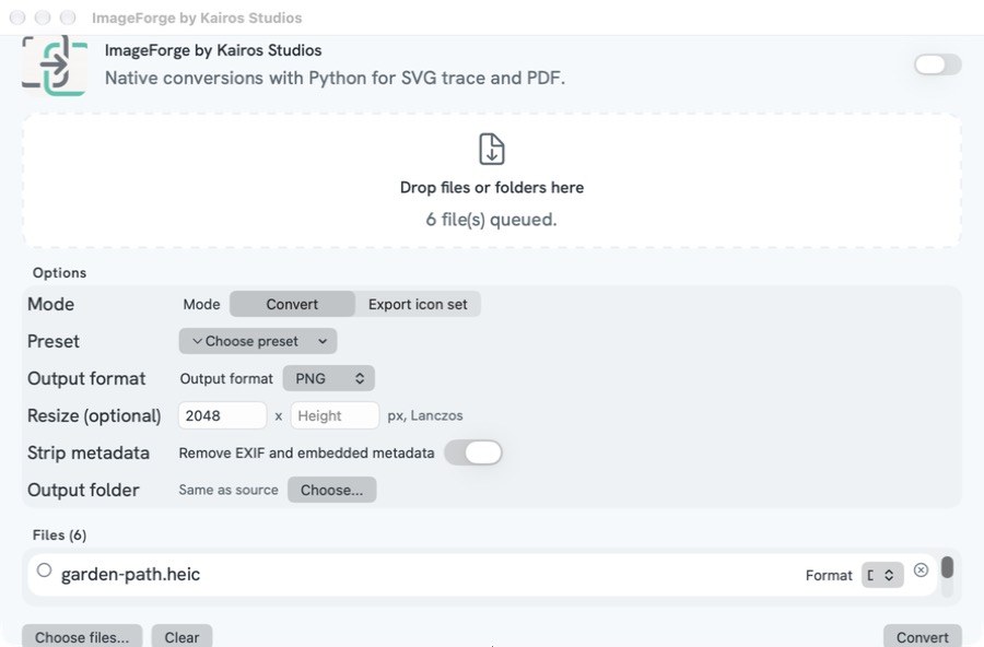 ImageForge with six images queued